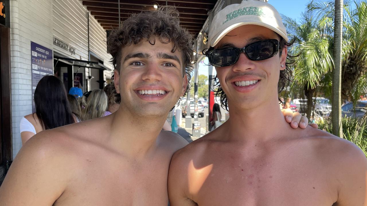 Thomas Antonis, 18, and Josh Docking, 18, at Byron Bay Schoolies celebrations. Picture: Sam Stolz