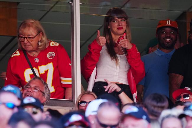 Taylor Swift wearing Ksubi during a game between the Chicago Bears and the Kansas City Chiefs on September 24, 2023. Image credit: Getty Images