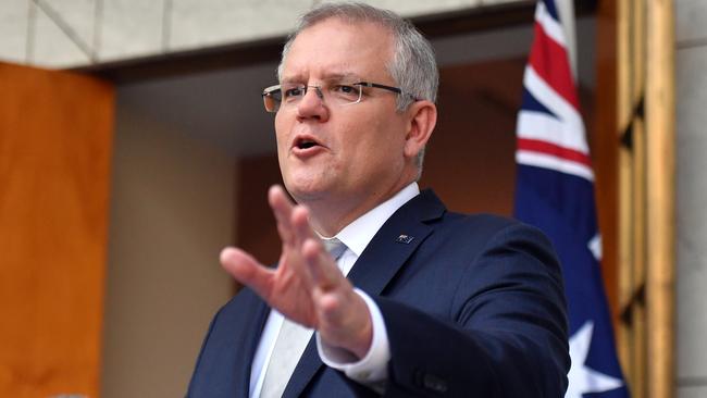 Prime Minister Scott Morrison speaks at a press conference at Parliament House in Canberra today. Picture: AAP