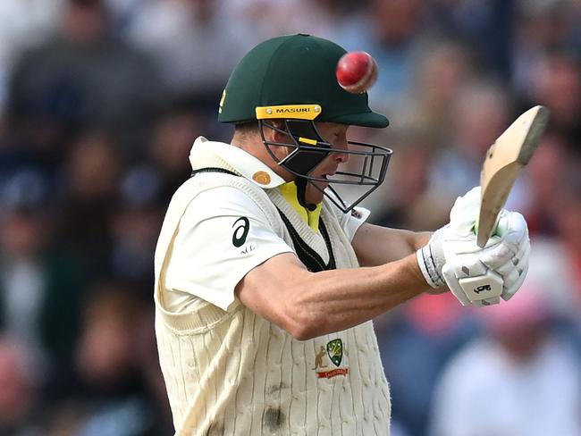 Marnus Labuschagne is struck on the helmet by a ball from England's Chris Woakes. Picture: AFP