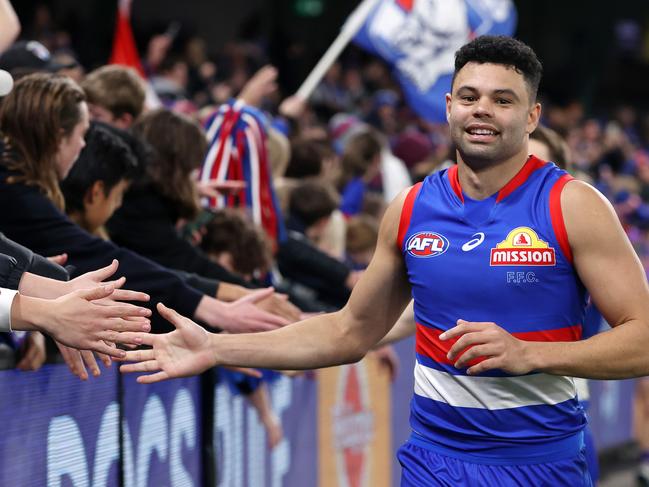 2022 AFL Football Round 19 - Western Bulldogs V Melbourne Demons at Marvel Stadium. Jason Johannisen of the Bulldogs celebrates the win. Picture: Mark Stewart