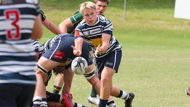 Brothers player Louis Werchon passes during a Colts 1 rugby union match between Brothers and Wests. Picture: Tertius Pickard