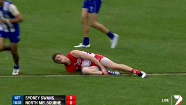 Gary Rohan, who suffered his own horror leg injury, wished Mitch Wallis well on Grand Final day. Picture: Channel 7