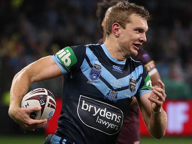 PERTH, AUSTRALIA - JUNE 23: Tom Trbojevic of New South Wales runs in for a try during game two of the 2019 State of Origin series between the New South Wales Blues and the Queensland Maroons at Optus Stadium on June 23, 2019 in Perth, Australia. (Photo by Paul Kane/Getty Images)