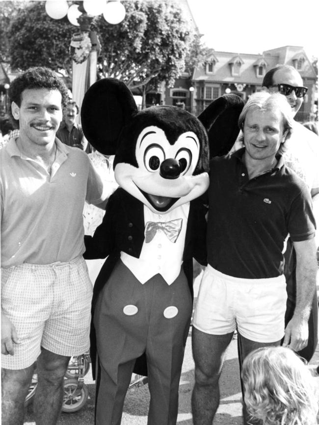 Former Manly star Cliff Lyons (L) and Parramatta legend Peter Sterling visited Disneyland during the California State of Origin experiment.