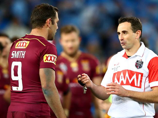SYDNEY, AUSTRALIA - JULY 13:  Cameron Smith of the Maroons talks to match referee Gerard Sutton during game three of the State Of Origin series between the New South Wales Blues and the Queensland Maroons at ANZ Stadium on July 13, 2016 in Sydney, Australia.  (Photo by Cameron Spencer/Getty Images)