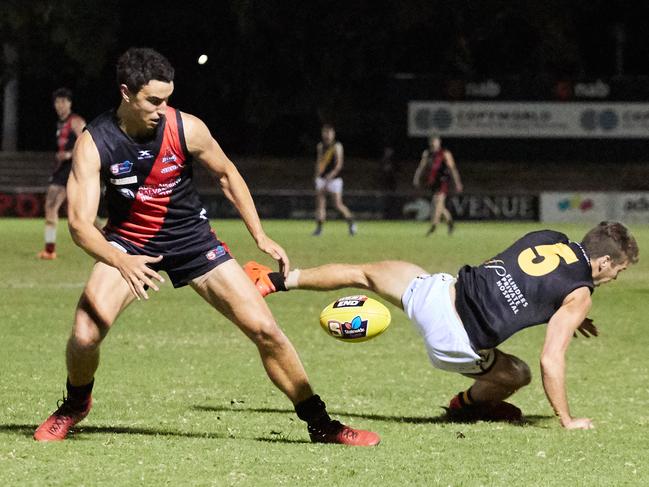 West's Thomas Keough and Glenelg's Christopher Curran at Richmond Oval, in the match between Glenelg and Richmond, Wednesday, April 24, 2019. Picture: MATT LOXTON