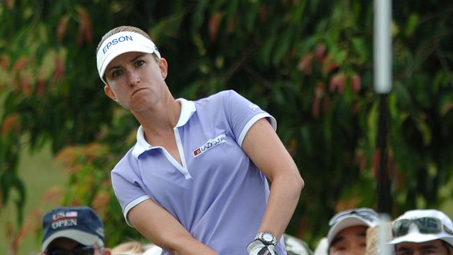 Karrie Webb chips onto the green at the Australian Ladies Masters.