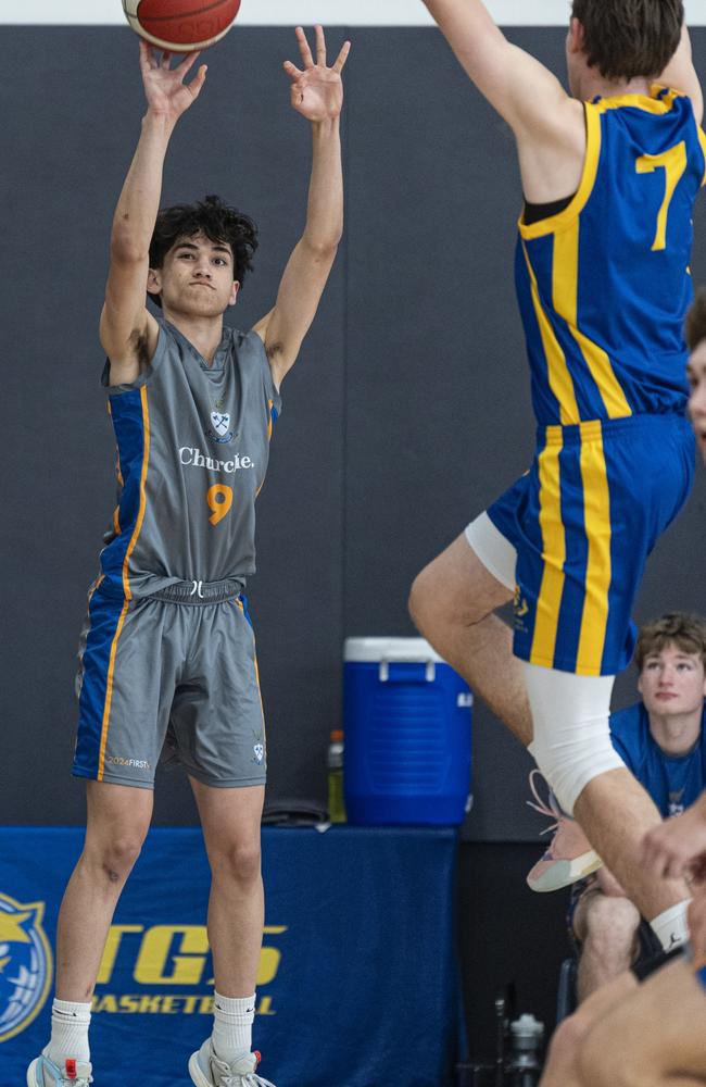 Andrew Watene of Churchie 1st V against Toowoomba Grammar School 1st V in Round 4 GPS basketball at Toowoomba Grammar School, Saturday, August 3, 2024. Picture: Kevin Farmer