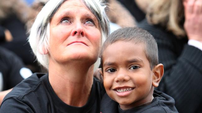 Ten years ago, a large crowd gathered at Melbourne's Federation Square to watch Prime Minister Kevin Rudd, on a public TV screen, make an apology to all Aborigines and the stolen generations. Picture: News Corp