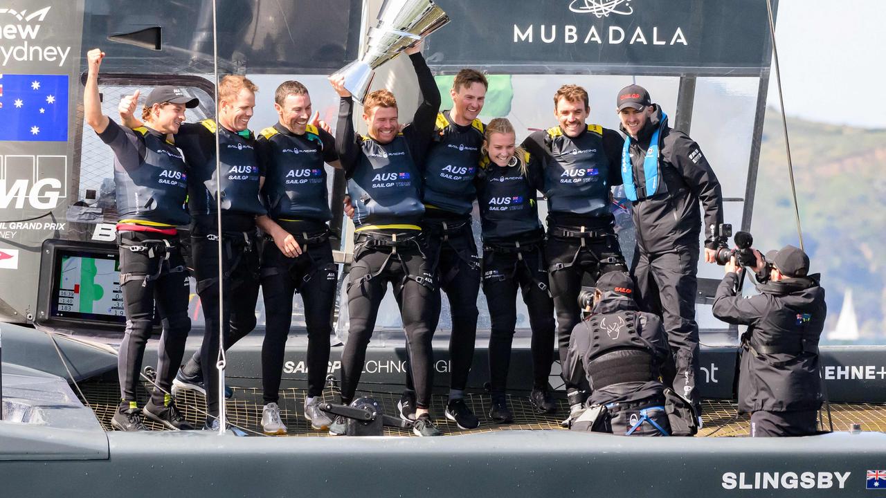 Australia SailGP Team and driver Tom Slingsby celebrates. Photo by Josh Edelson / AFP