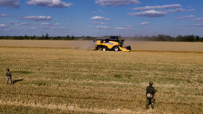 Russian servicemen stand guard in a field as farmers harvest wheat near Melitopol, Zaporizhzhia region.