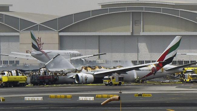 Harrowing. The burnt out hull of an Emirates’ Boeing 777 at Dubai airport, after crash landing on the runway. Picture: AFP/Gulf News/Ahmed Ramzan.