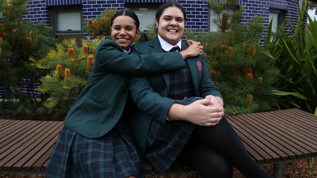 Marni Morris, right, with her best friend Ava Moran at the Presbyterian Ladies’ College in Croydon, Sydney, on Thursday. Picture: Britta Campion