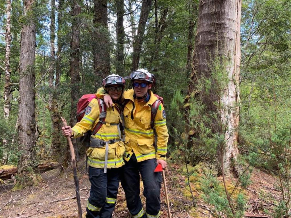 Rural Fire Service NSW members helping to battle the Gell River fire in the Tasmanian South West. Picture: NSW RFS