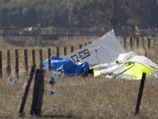 04/04/2021: The remains  of a microlight aircraft that crashed into a field near Koo Wee Rup on Sunday morning. The pilot, who was the sole occupant, died at the scene.Picture: David Geraghty