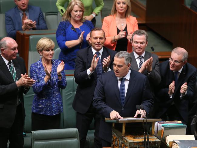 Treasurer Joe Hockey’s Budget speech is applauded by his colleagues. Picture: Kym Smith