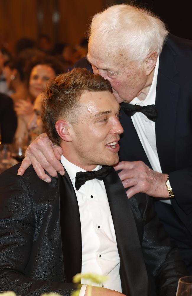 Patrick Cripps of the Blues is congratulated by Carlton legend John Nicholls after winning the 2024 Brownlow Medal. Picture: Michael Klein