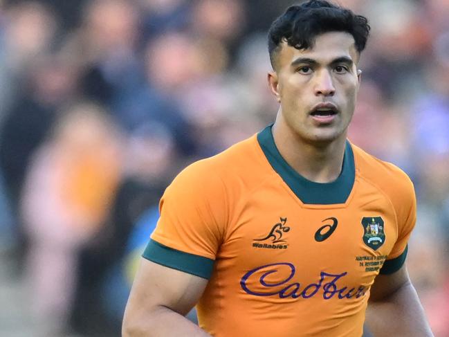 Australia's centre Joseph-Aukuso Suaalii looks on during the Autumn Nations Series International rugby union test match between Scotland and Australia at Murrayfield Stadium in Edinburgh on November 24, 2024. (Photo by ANDY BUCHANAN / AFP)