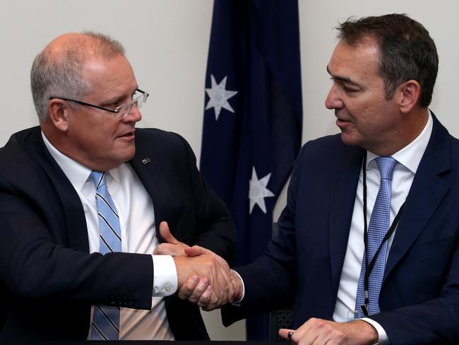 Prime Minister Scott Morrison  and SA  Premier Steven Marshall  at the signing of  the  Murray Darling  Basin  agreement  during the  COAG meeting at the Convention Centre in Cairns PICTURE: ANNA ROGERS