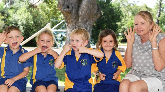MY FIRST YEAR: Funny faces. Kandanga State School Preps. (LtoR) Mrs Rachel Fleming, Zac, Jackson, Olivia, Flynn, Jocelyn, Mrs Vicki Fromm. Picture: Patrick Woods.