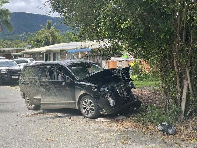 A car has crashed into a tree in McEwen St, Mooroobool. Sunday, December 1, 2024.