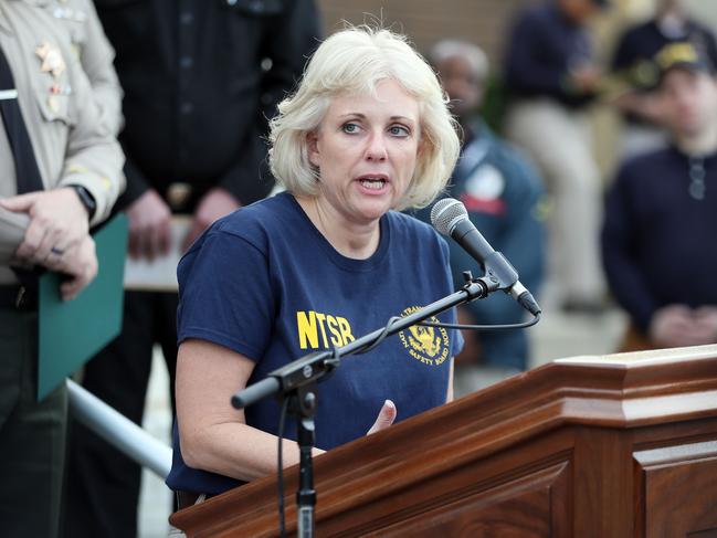 Jennifer Homendy of the National Transportation Safety Board speaks at a news conference following day one of the recovery effort. Picture: Getty Images/AFP