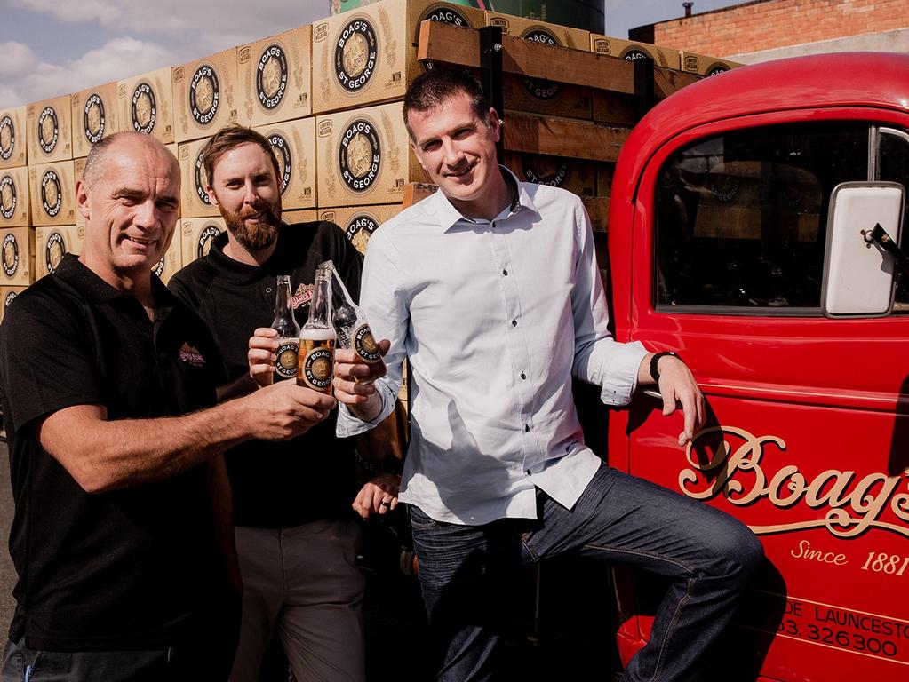 Lion managing director James Brindley, left, brewer Stuart Campbell, James Boag manager Brad Upton at the the relaunch of Boag’s St George beer. Picture: ROSIE HASTIE