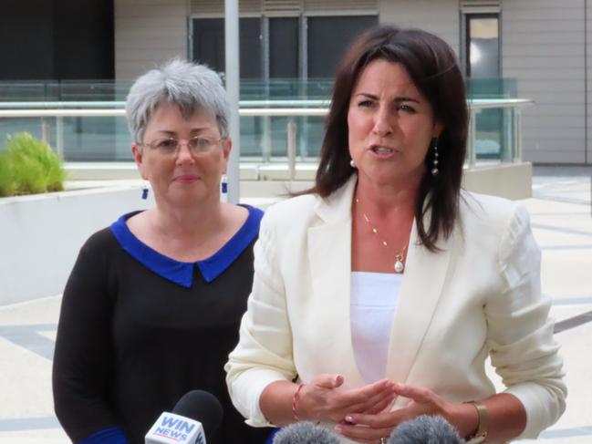 Independent Reviewer Vicki Baylis and Minister for Education Jo Palmer speak to the media at Parliament Square in Hobart on Wednesday, January 22, 2025.