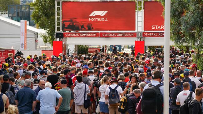 Thousands of fans queuing to enter the Australian Formula 1 Grand Prix in 2020 before they were told it was cancelled. Picture: AAP Image/Scott Barbour