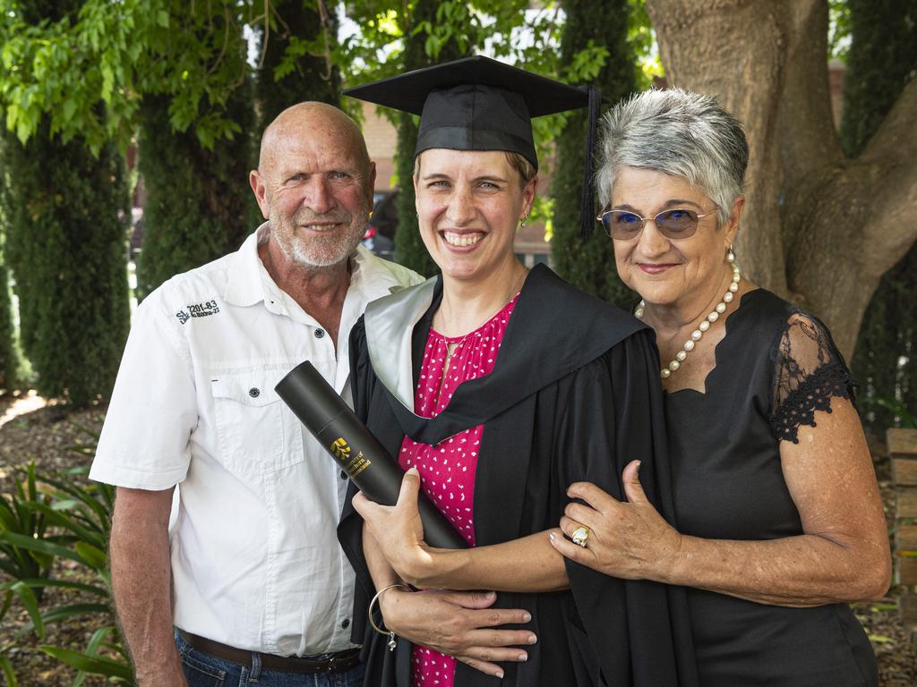 Bachelor of Business graduate Bianca Viljoen with parents Phil and Judy Boshoff at a UniSQ graduation ceremony at The Empire, Tuesday, October 29, 2024. Picture: Kevin Farmer