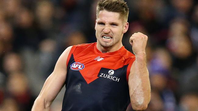 Jesse Hogan celebrates a goal in the third quarter. Picture: Michael Klein