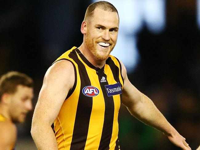 MELBOURNE, AUSTRALIA - JULY 22:  Jarryd Roughead of the Hawks celebrates a goal during the round 18 AFL match between the Carlton Blues and the Hawthorn Hawks at Etihad Stadium on July 22, 2018 in Melbourne, Australia.  (Photo by Michael Dodge/Getty Images)