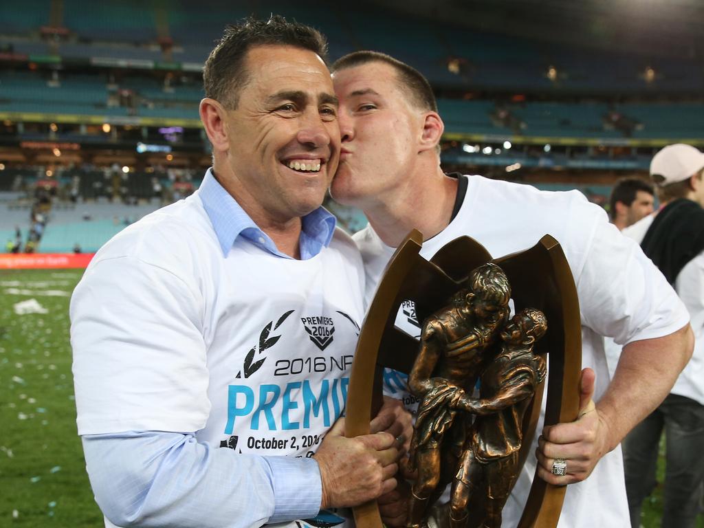 Paul Gallen kisses Shane Flanagan,coach of the Sharks after the 2016 NRL Grand Final. Picture: Craig Golding