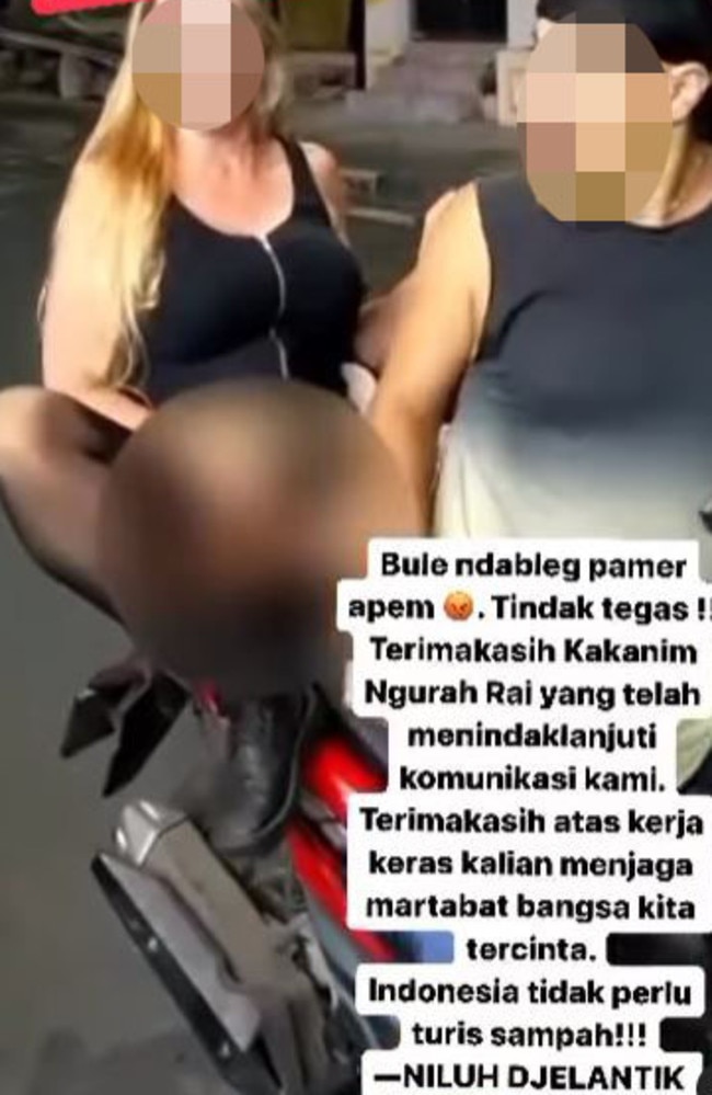 Viral footage shows her on the back of a motorbike committing the indecent act. Picture: Instagram/niluhdjelantik