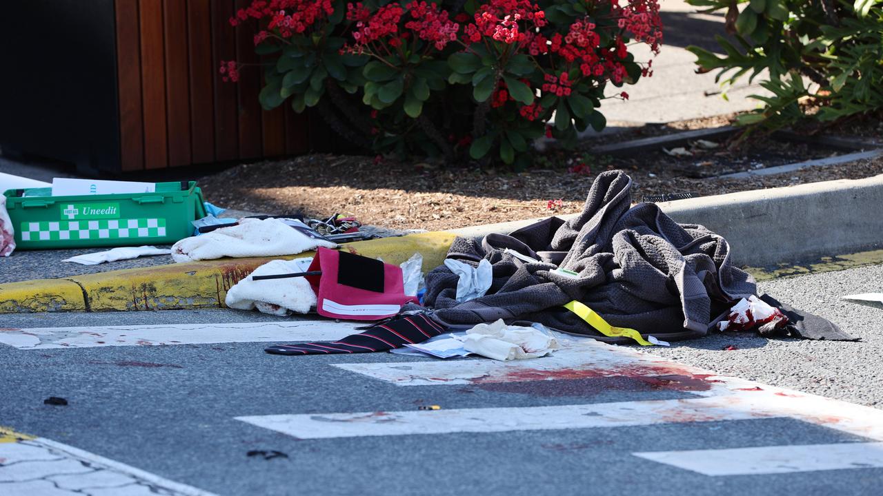 The bloody scene where Mr Whenuaroa was stabbed at Westfield Helensvale. Picture: Nigel Hallett