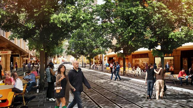 Artists impression of the Sydney light rail at the Queen Victoria Building. Picture: Transport for NSW