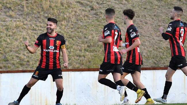 Cringila Lions celebrate a Peter Simonoski goal. Picture: Richie Wagner | RichieRiches Sports Shots