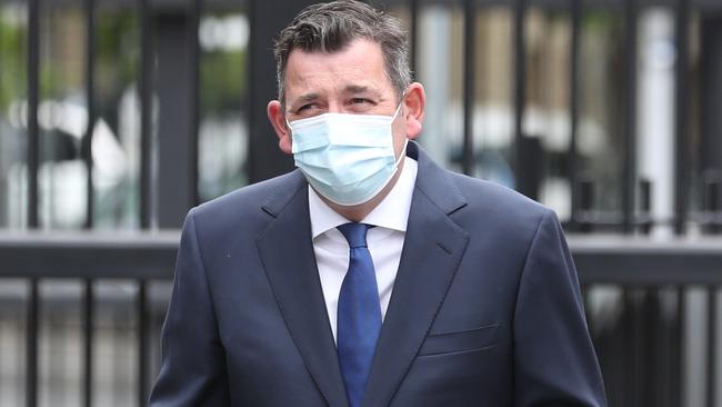 Premier Daniel Andrews walks to his press conference on Wednesday. Picture: David Crosling