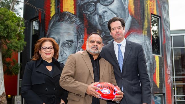 AFL general manager inclusion and social policy Tanya Hosch, AFL great Michael Long and AFL boss Gillon McLachlan launch the Sir Doug Nicholls round last year.