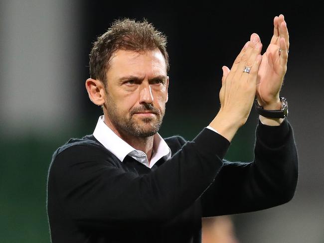 PERTH, AUSTRALIA - FEBRUARY 16: Glory manager Tony Popovic celebrates after winning the round 19 A-League match between the Perth Glory and the Brisbane Roar at HBF Park on February 16, 2019 in Perth, Australia. (Photo by Scott Barbour/Getty Images)