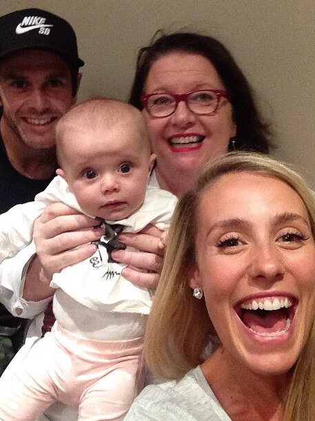 Midwife Cath Curtin with Trent and Brooke Cotchin and baby Harper. Source: Instagram