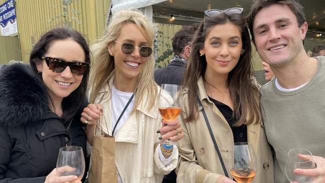 Rose was the order of the day for (left to right) Katherine Wallce-Smith, Melbourne, Sam Speck, Melbourne, Arielle Vocale, Melbourne, and Will Heffernan, Melbourne. Picture: Lucy Callander