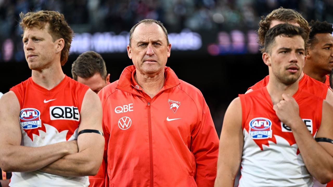 Swans coach John Longmire watches on during the Cats premiership presentations. Picture: Daniel Carson