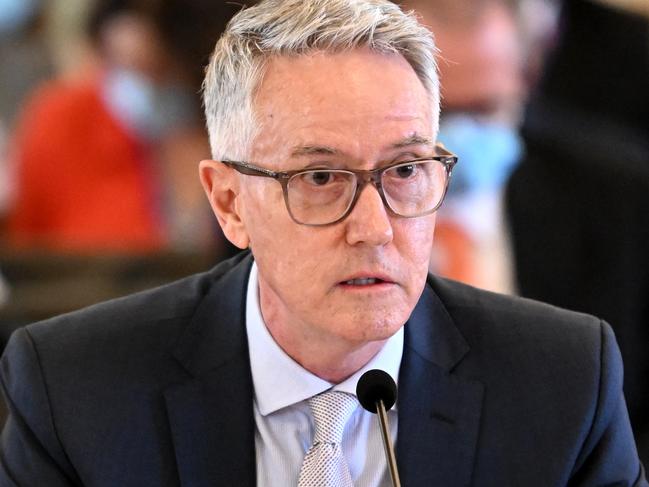 BRISBANE, AUSTRALIA - NewsWire Photos - AUGUST 3, 2022.Bruce Barbour, Chairperson of the Queensland Crime and Corruption Commission (CCC), answers questions during a Legal Affairs and Safety Committee Estimates hearing at Parliament House.Picture: NCA NewsWire / Dan Peled