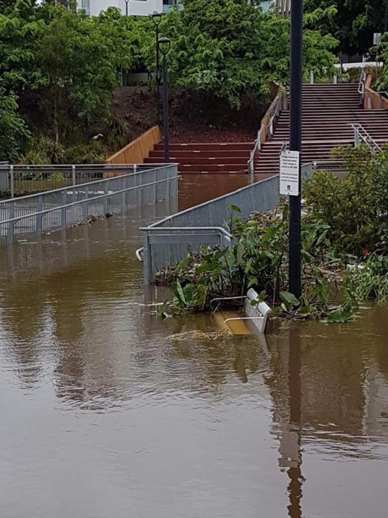 Kedron Brook overflowed near the Kedron Brook busway station. Photo: Bronwyn Jobson