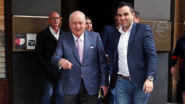 Alan Jones pictured leaving lunch with colleagues from Mr Wong restaurant in the city. Picture: Sam Ruttyn