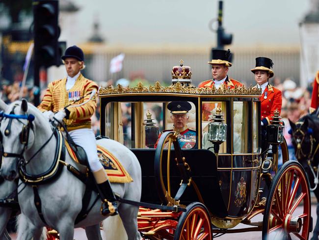 Britain's King Charles III sits inside the Scottish State Coach on his way to Horse Guards Parade. Picture: AFP