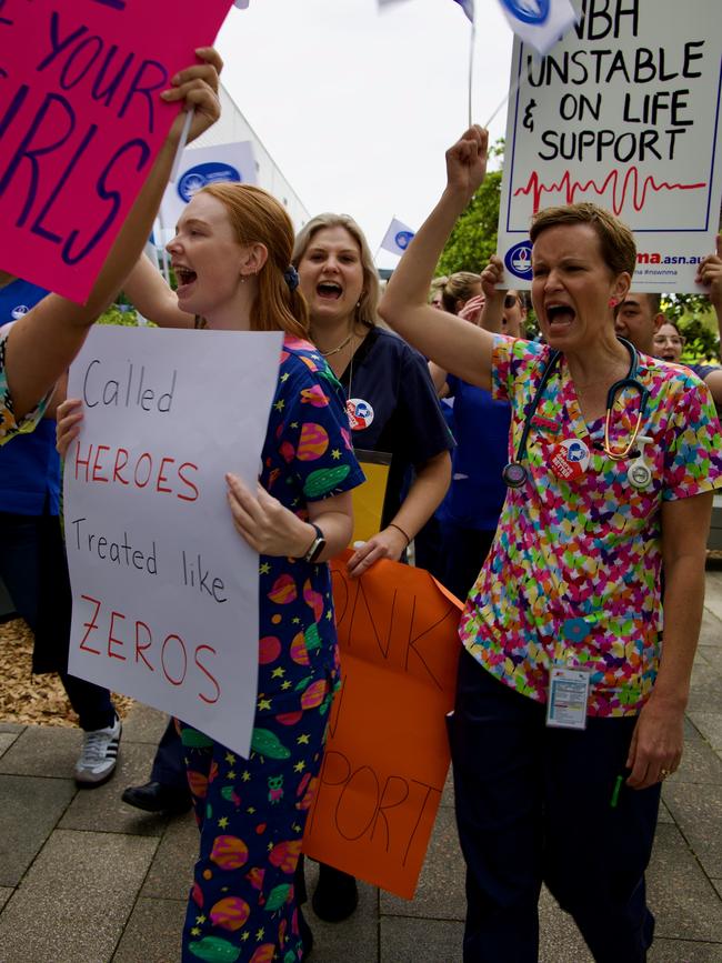 Some of the 300 nurses and midwives who attended the stop work rally at Northern Beaches Hospital on Tuesday. Picture: Supplied