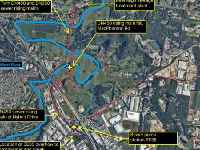 The Albert River sewer leak - a map showing the area where the Gold Coast City Council pipe broke and impact on the surrounding system. Pump station BE35 is where new piping has been placed.